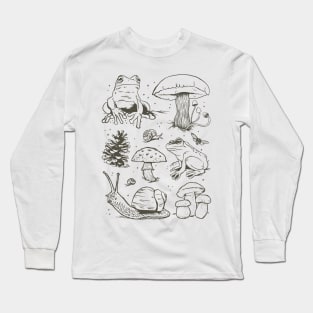 Cottagecore Aesthetic Mushrooms and Frog Hand Drawn Long Sleeve T-Shirt